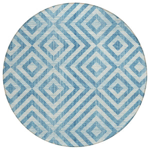 HomeRoots 5' Stylish Teal Blue & Ivory Geometric Area Rug for Indoor/Outdoor Use – Durable, Washable & Versatile 8' Round 583752