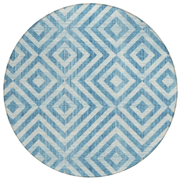 HomeRoots 5' Stylish Teal Blue & Ivory Geometric Area Rug for Indoor/Outdoor Use – Durable, Washable & Versatile 8' Round 583752