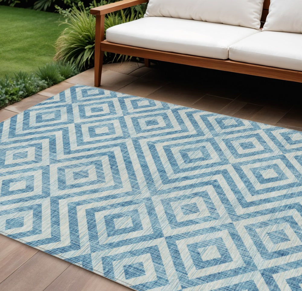 HomeRoots 9' Teal Blue and Ivory Geometric Area Rug – Durable, Washable, Modern Style for Indoor and Outdoor Use 9' X 12' 583754