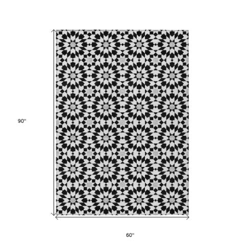 Homeroots 3' Black Gray Silver Floral Medallion Washable Area Rug For Stylish Indoor & Outdoor Spaces 5' X 8' Polyester 583763