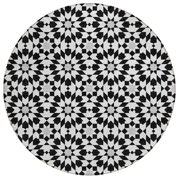 HomeRoots 5' Elegant Black Gray Silver Floral Medallion Area Rug - Washable, Durable for Indoor & Outdoor Use 8' Round 583764