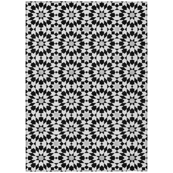 HomeRoots 5' Elegant Black Gray Silver Floral Medallion Area Rug - Washable, Durable for Indoor & Outdoor Use 10' X 14' 583767