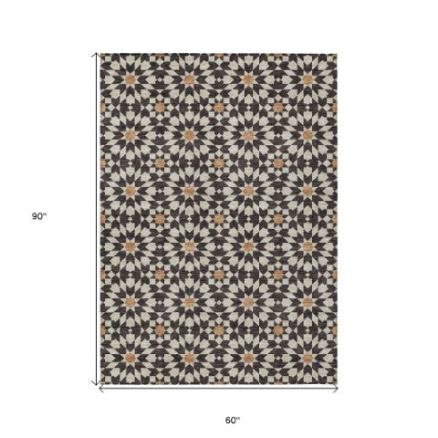 Homeroots 3' Black Gray Silver Floral Medallion Washable Area Rug For Stylish Indoor & Outdoor Spaces 5' X 8' Polyester 583775