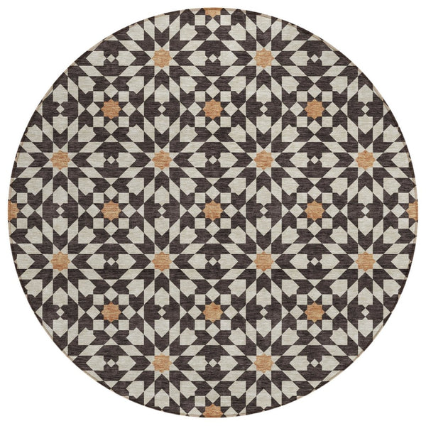 HomeRoots 5' Charcoal Silver and Copper Floral Medallion Area Rug - Stylish, Washable, Indoor/Outdoor Comfort 8' Round 583776