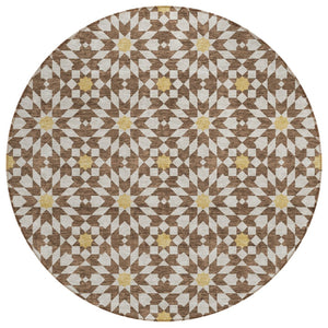 HomeRoots 5' Elegant Chocolate Ivory Gold Floral Medallion Area Rug for Indoor & Outdoor Spaces, Washable 8' Round 583782