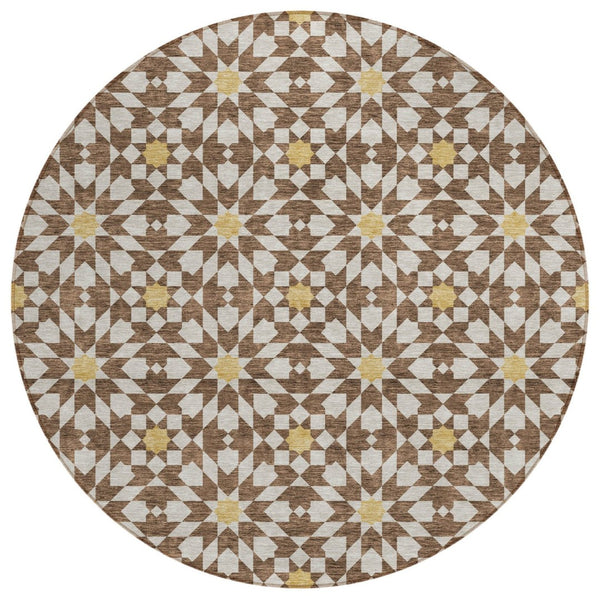 HomeRoots 5' Elegant Chocolate Ivory Gold Floral Medallion Area Rug for Indoor & Outdoor Spaces, Washable 8' Round 583782