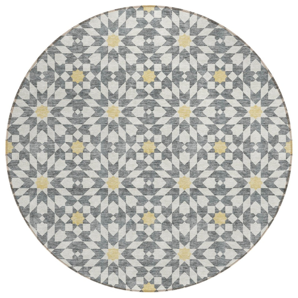 HomeRoots 5' Elegant Gray Ivory Gold Floral Medallion Area Rug for Indoor and Outdoor Spaces, Washable & Durable 8' Round 583794