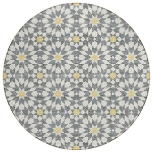 HomeRoots 5' Elegant Gray Ivory Gold Floral Medallion Area Rug for Indoor and Outdoor Spaces, Washable & Durable 8' Round 583794