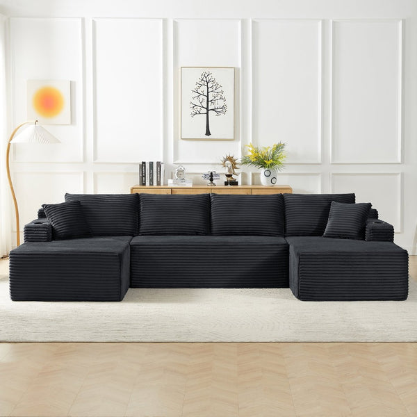 English Elm Compressible Modular U-shaped Cloud Sofa Corduroy Sectional for Spacious Living Rooms Dark Grey W2339S00148