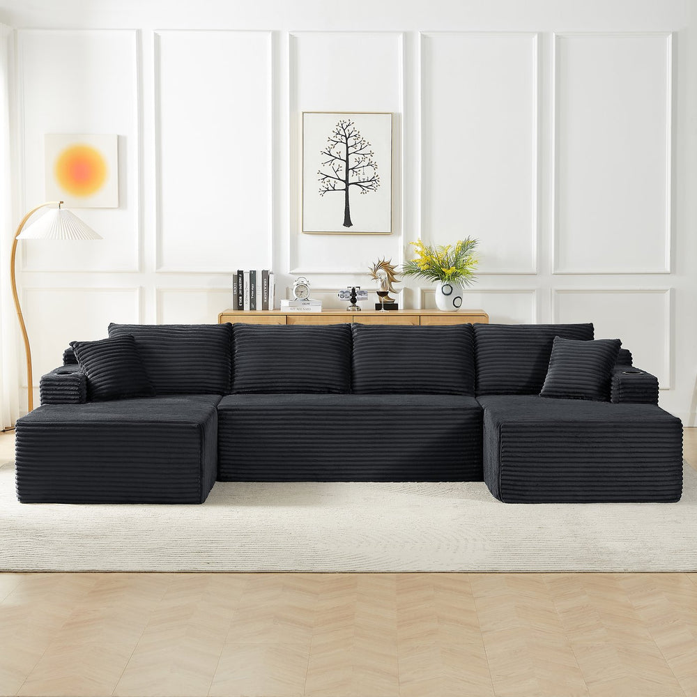 English Elm Compressible U-Shaped Sectional Sofa Set - Modern Corduroy Cloud Couch For Versatile Living Spaces W2339S00053