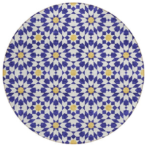HomeRoots 5' Navy Blue and Ivory Floral Medallion Area Rug – Elegant, Washable, Durable for Indoor & Outdoor Use 8' Round 583824