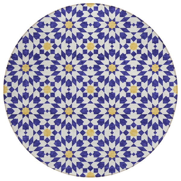 HomeRoots 5' Navy Blue and Ivory Floral Medallion Area Rug – Elegant, Washable, Durable for Indoor & Outdoor Use 8' Round 583824