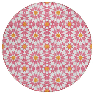 HomeRoots 5' Floral Medallion Area Rug in Pink, Ivory & Orange - Stylish, Durable & Washable for Indoors & Outdoors 8' Round 583830
