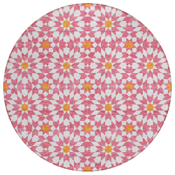 HomeRoots 5' Floral Medallion Area Rug in Pink, Ivory & Orange - Stylish, Durable & Washable for Indoors & Outdoors 8' Round 583830