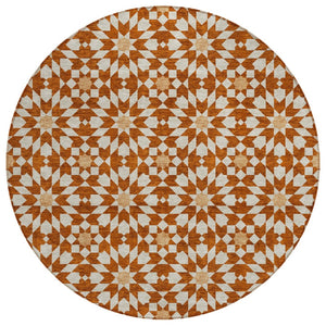 HomeRoots 5' Floral Medallion Area Rug in Orange, Beige & Copper – Stylish, Washable for Indoor & Outdoor Use 8' Round 583836