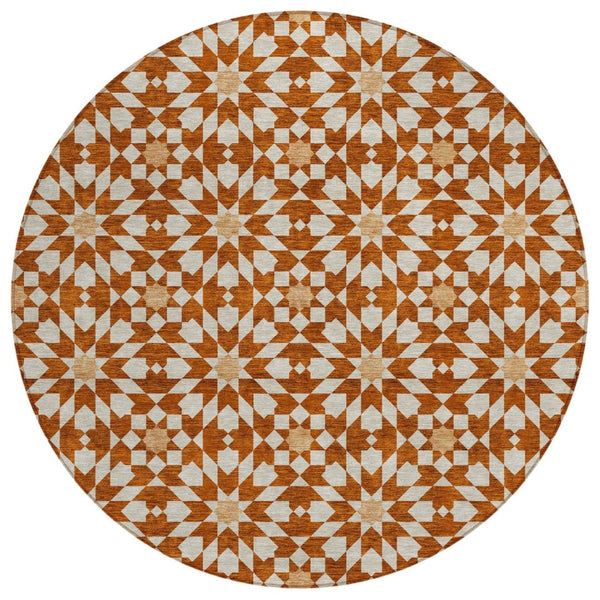 HomeRoots 5' Floral Medallion Area Rug in Orange, Beige & Copper – Stylish, Washable for Indoor & Outdoor Use 8' Round 583836