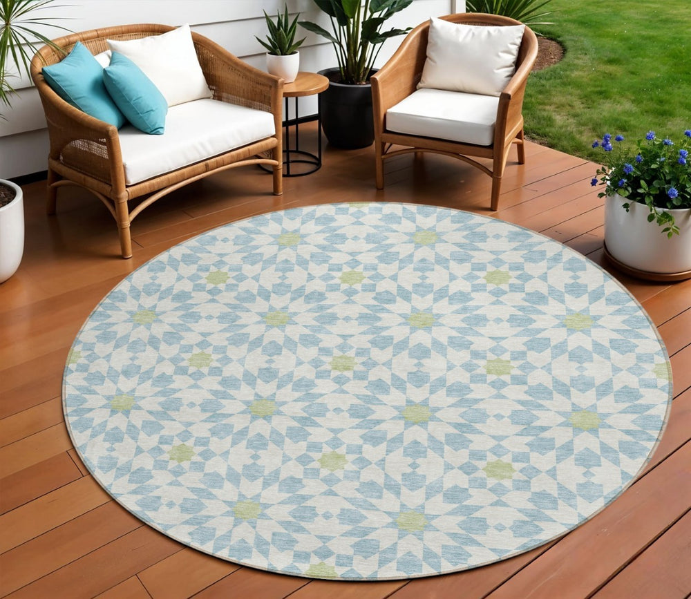 HomeRoots 5' Elegant Sky Blue Floral Medallion Indoor Outdoor Area Rug - Durable, Washable, Stylish Design 8' Round 583842
