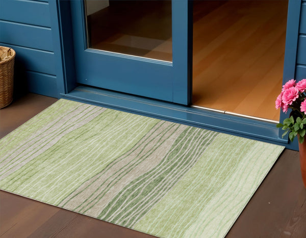 Homeroots 3' Artichoke Green And Taupe Striped Washable Indoor Outdoor Area Rug For Stylish Spaces 3' X 5' Polyester 583852