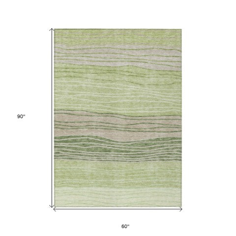 Homeroots 3' Artichoke Green And Taupe Striped Washable Indoor Outdoor Area Rug For Stylish Spaces 5' X 8' Polyester 583853
