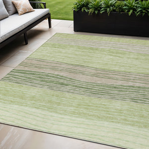Homeroots 3' Artichoke Green And Taupe Striped Washable Indoor Outdoor Area Rug For Stylish Spaces 5' X 8' Polyester 583853