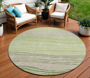 Homeroots 3' Artichoke Green And Taupe Striped Washable Indoor Outdoor Area Rug For Stylish Spaces 8' Round Polyester 583854