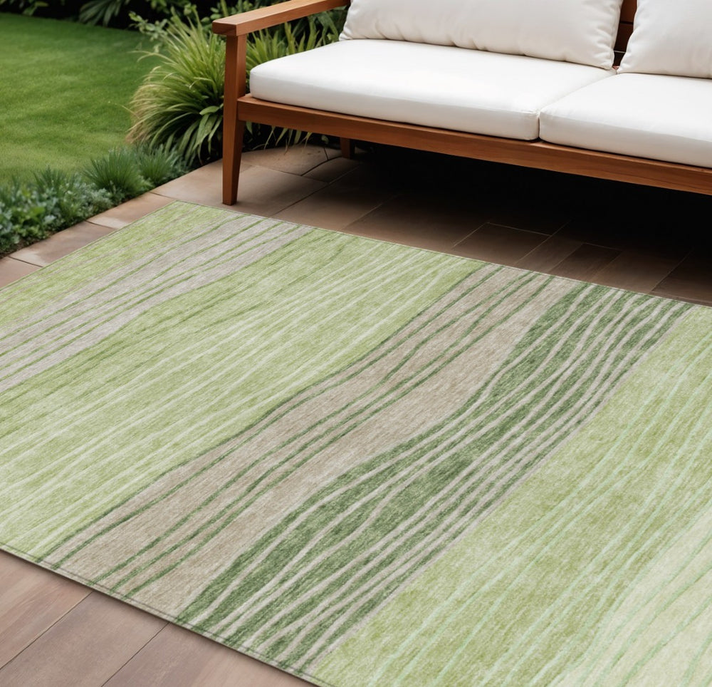 HomeRoots 9' Stylish Artichoke Green and Taupe Striped Washable Area Rug for Indoor and Outdoor Spaces 9' X 12' 583856
