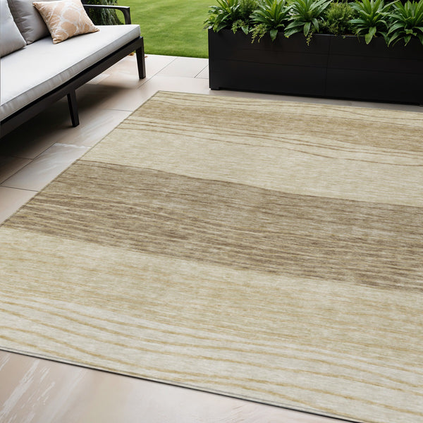 Homeroots 3' Artichoke Green And Taupe Striped Washable Indoor Outdoor Area Rug For Stylish Spaces 5' X 8' Polyester 583859