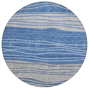 HomeRoots 5' Stylish Navy Blue and Gray Striped Washable Area Rug for Indoor and Outdoor Living Spaces 8' Round 583866