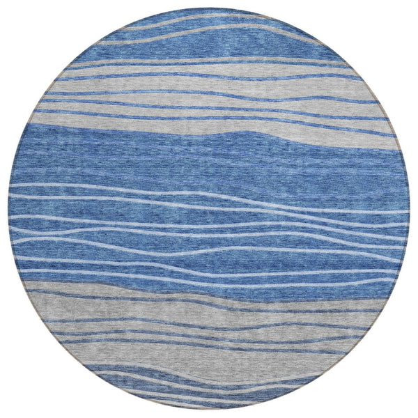 HomeRoots 5' Stylish Navy Blue and Gray Striped Washable Area Rug for Indoor and Outdoor Living Spaces 8' Round 583866