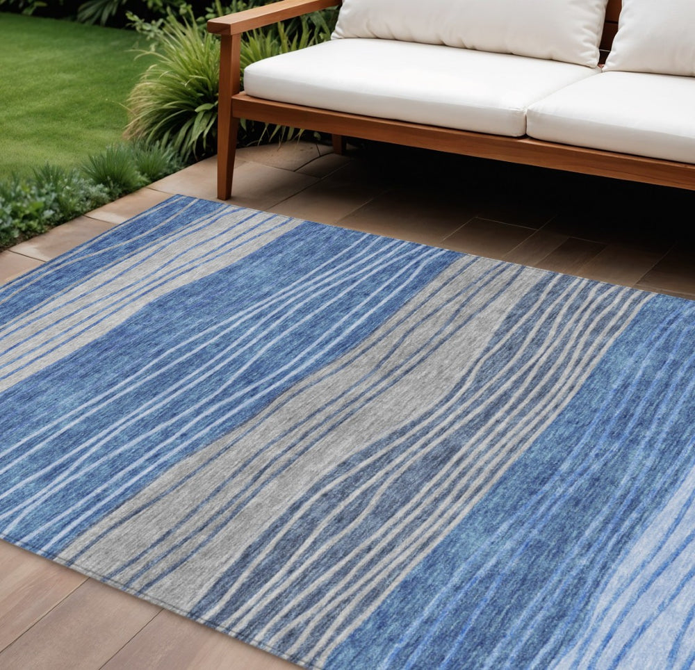 HomeRoots 5' Stylish Navy Blue and Gray Striped Washable Area Rug for Indoor and Outdoor Living Spaces 10' X 14' 583869