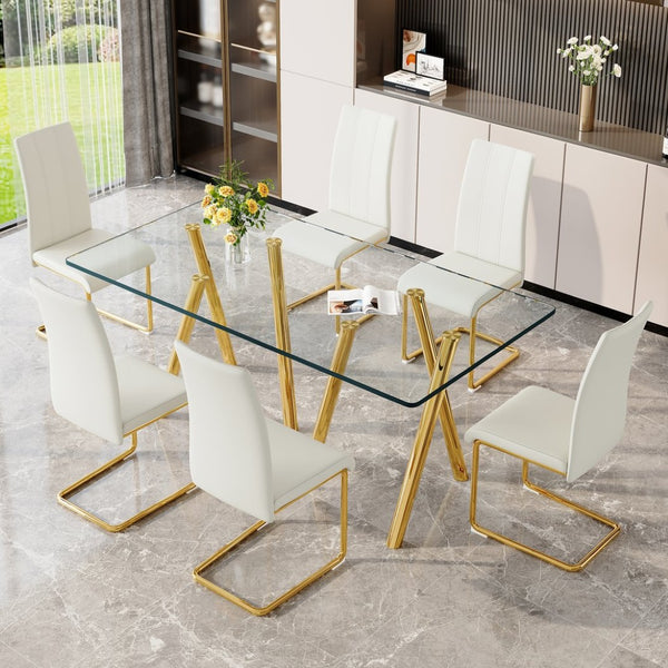 English Elm Tempered Glass Rectangular Dining Set Seats Six with Gold Metal Legs White Pu Chairs W3875S00054