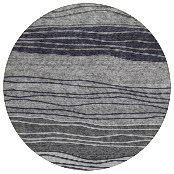 HomeRoots 5' Stylish Gray Charcoal and Silver Striped Washable Area Rug for Indoor and Outdoor Spaces 8' Round 583872