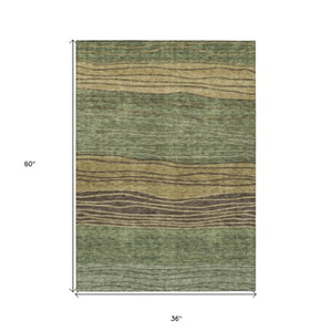 Homeroots 3' Artichoke Green And Taupe Striped Washable Indoor Outdoor Area Rug For Stylish Spaces 3' X 5' Polyester 583876