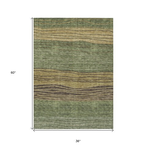 Homeroots 3' Artichoke Green And Taupe Striped Washable Indoor Outdoor Area Rug For Stylish Spaces 3' X 5' Polyester 583876