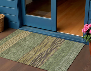 Homeroots 3' Artichoke Green And Taupe Striped Washable Indoor Outdoor Area Rug For Stylish Spaces 3' X 5' Polyester 583876