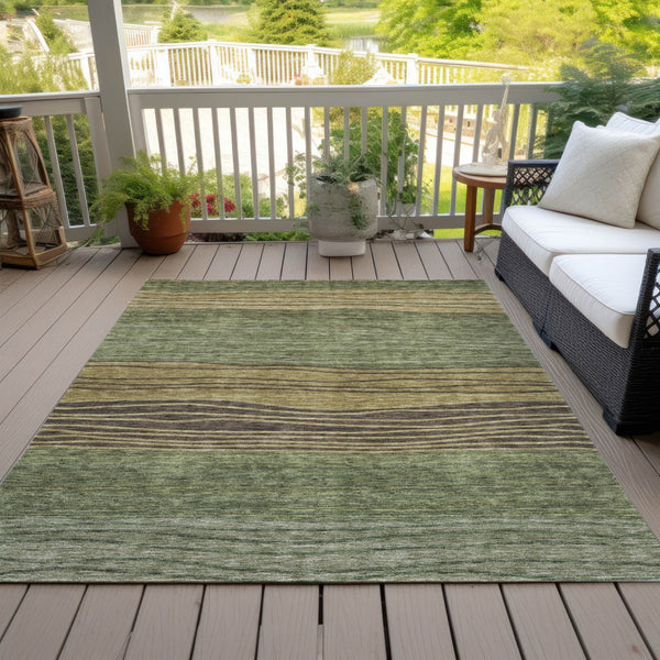 Homeroots 3' Artichoke Green And Taupe Striped Washable Indoor Outdoor Area Rug For Stylish Spaces 3' X 5' Polyester 583876