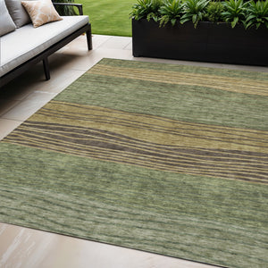 Homeroots 3' Artichoke Green And Taupe Striped Washable Indoor Outdoor Area Rug For Stylish Spaces 5' X 8' Polyester 583877