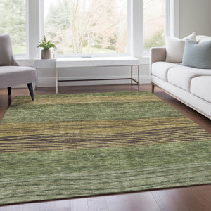 Homeroots 3' Artichoke Green And Taupe Striped Washable Indoor Outdoor Area Rug For Stylish Spaces 5' X 8' Polyester 583877