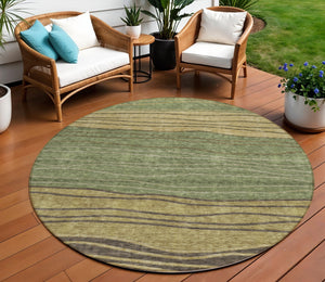 Homeroots 3' Artichoke Green And Taupe Striped Washable Indoor Outdoor Area Rug For Stylish Spaces 8' Round Polyester 583878