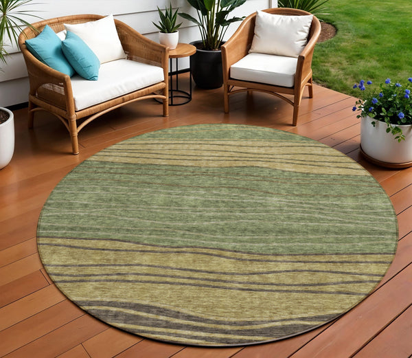 Homeroots 3' Artichoke Green And Taupe Striped Washable Indoor Outdoor Area Rug For Stylish Spaces 8' Round Polyester 583878