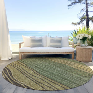 Homeroots 3' Artichoke Green And Taupe Striped Washable Indoor Outdoor Area Rug For Stylish Spaces 8' Round Polyester 583878