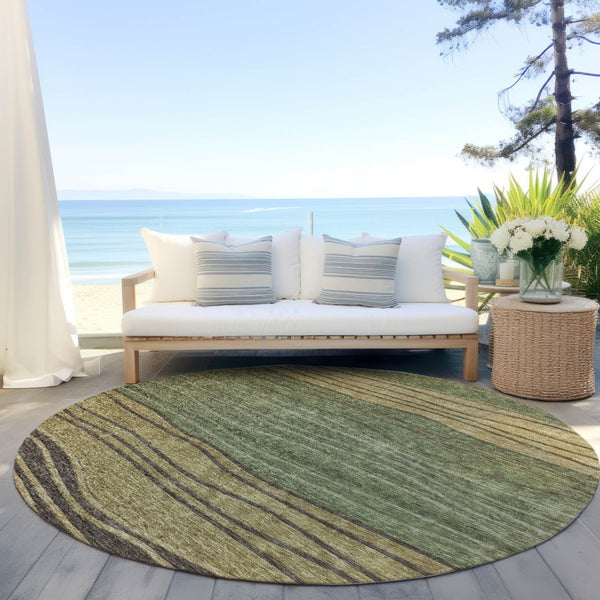 Homeroots 3' Artichoke Green And Taupe Striped Washable Indoor Outdoor Area Rug For Stylish Spaces 8' Round Polyester 583878