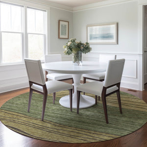 Homeroots 3' Artichoke Green And Taupe Striped Washable Indoor Outdoor Area Rug For Stylish Spaces 8' Round Polyester 583878