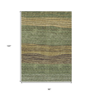 Homeroots 3' Artichoke Green And Taupe Striped Washable Indoor Outdoor Area Rug For Stylish Spaces 8' X 10' Polyester 583879