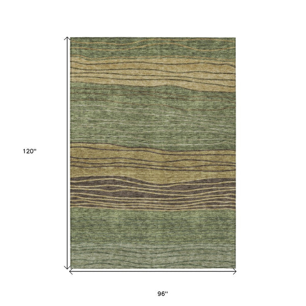 Homeroots 3' Artichoke Green And Taupe Striped Washable Indoor Outdoor Area Rug For Stylish Spaces 8' X 10' Polyester 583879