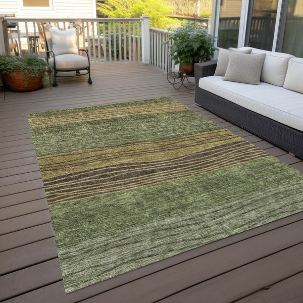 Homeroots 3' Artichoke Green And Taupe Striped Washable Indoor Outdoor Area Rug For Stylish Spaces 8' X 10' Polyester 583879