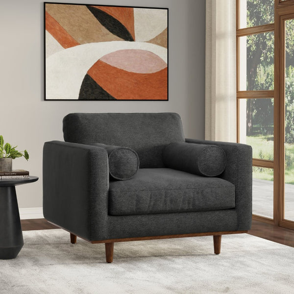English Elm Morrison Sculptural Mid-century Armchair with Rubberwood Legs and Performance Fabric Charcoal Grey B136P420742