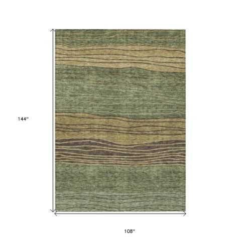 Homeroots 3' Artichoke Green And Taupe Striped Washable Indoor Outdoor Area Rug For Stylish Spaces 9' X 12' Polyester 583880
