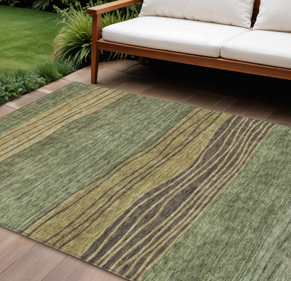 Homeroots 3' Artichoke Green And Taupe Striped Washable Indoor Outdoor Area Rug For Stylish Spaces 9' X 12' Polyester 583880