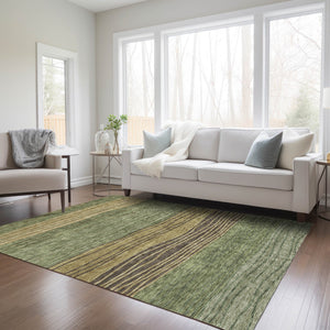 Homeroots 3' Artichoke Green And Taupe Striped Washable Indoor Outdoor Area Rug For Stylish Spaces 9' X 12' Polyester 583880